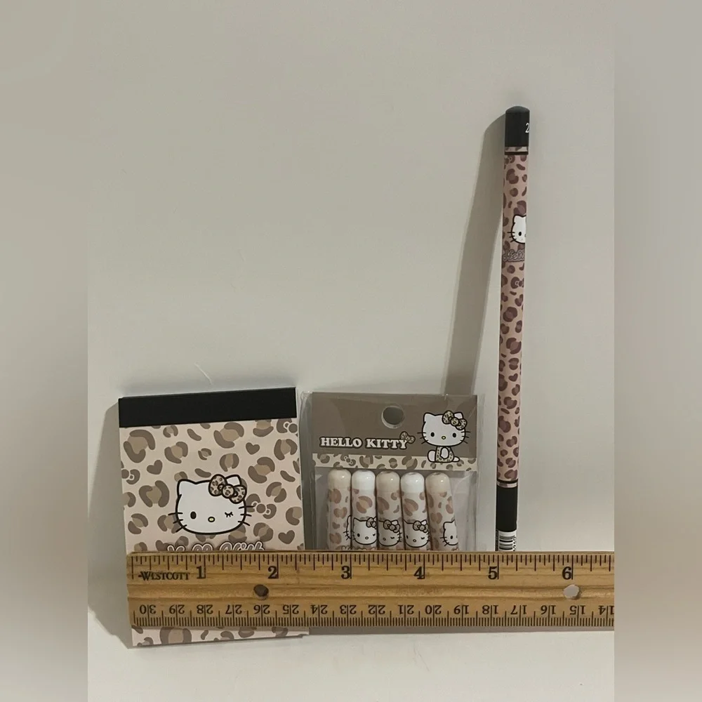Hello Kitty Brown Leopard Mini Memo Pad, Pencil and Pencil Cap Bundle